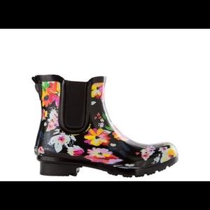 Black floral rain boots